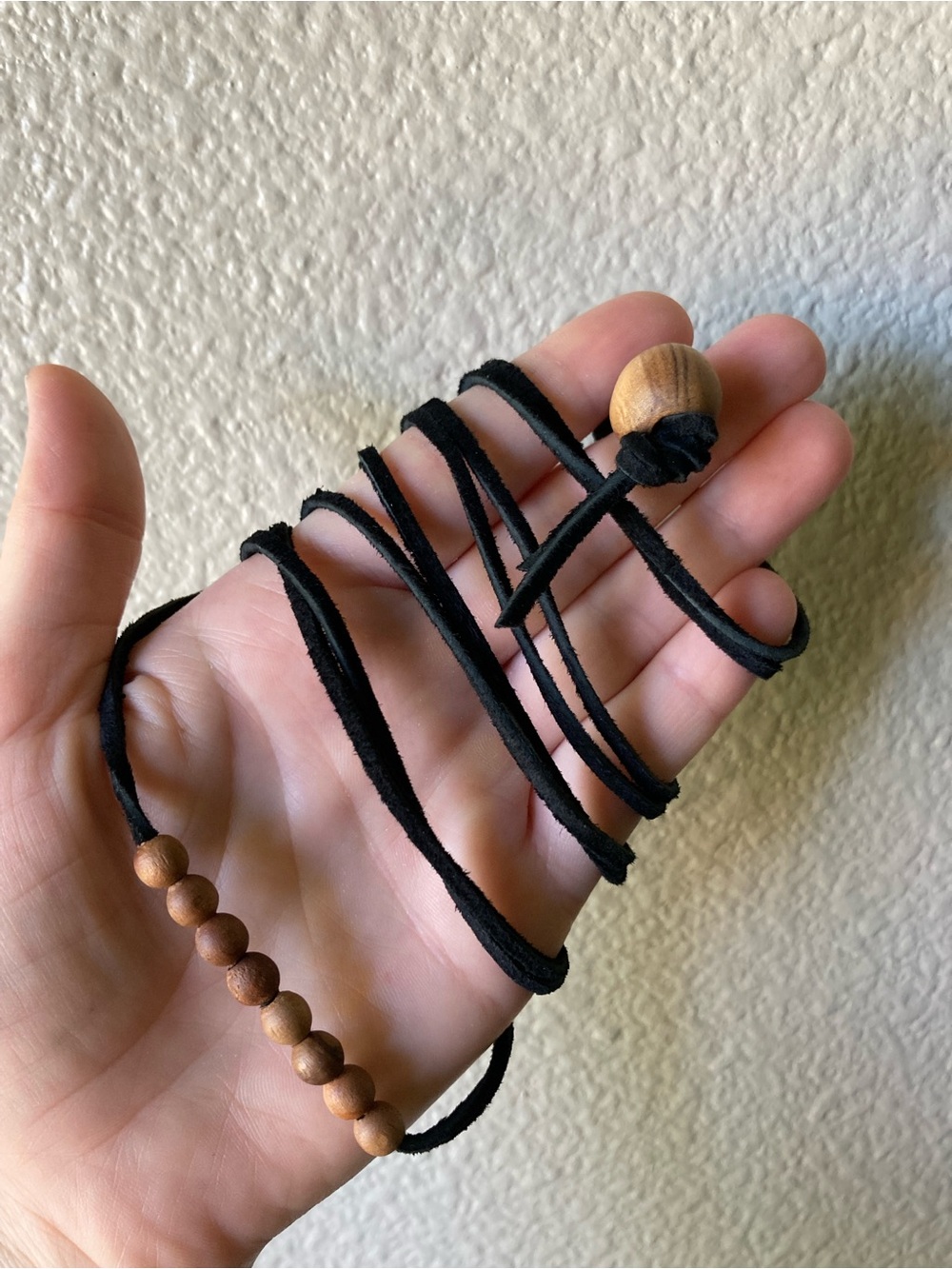 Layered Black Suede Cord Lariat Necklace with Natural Wood Beads - Picture 5 of 6